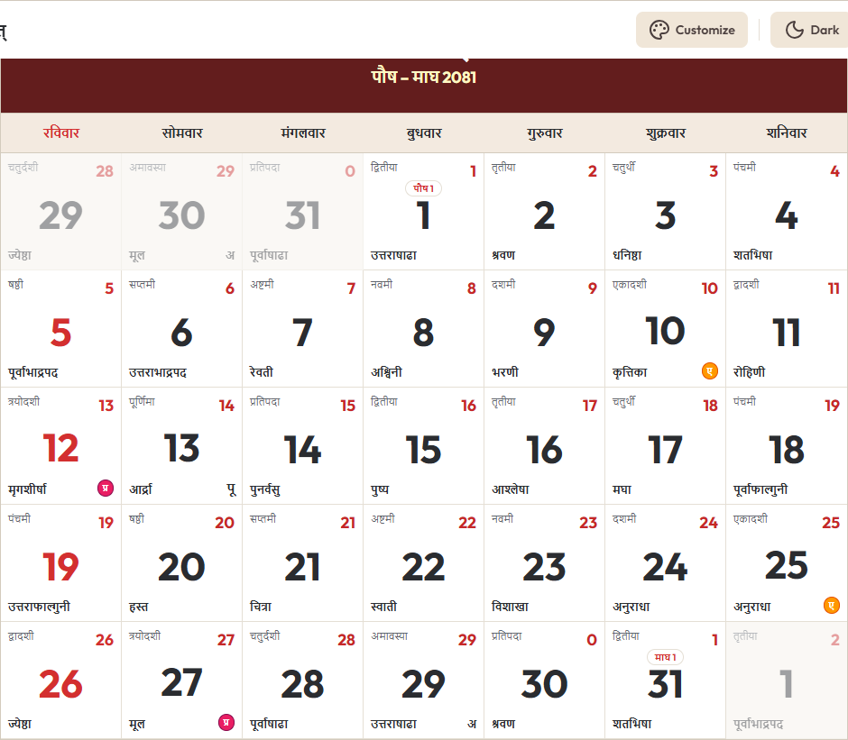 Hindi Calendar 2025 जनवरी Grid Preview