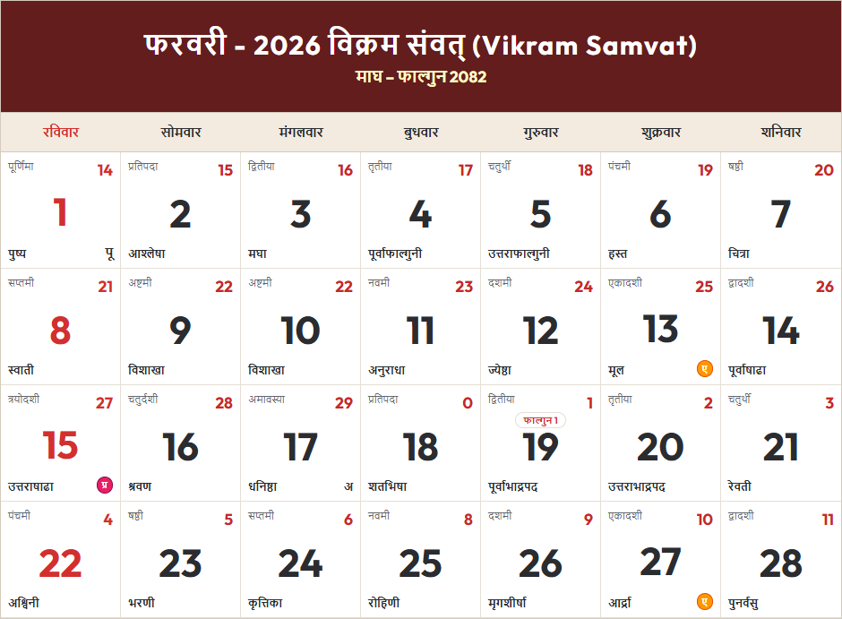 Hindi Calendar 2026 फरवरी Grid Preview